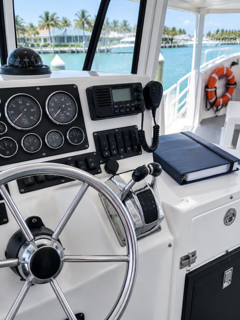 Working passenger-vessel helm with marine radio, document binder and lifesaving equipment
